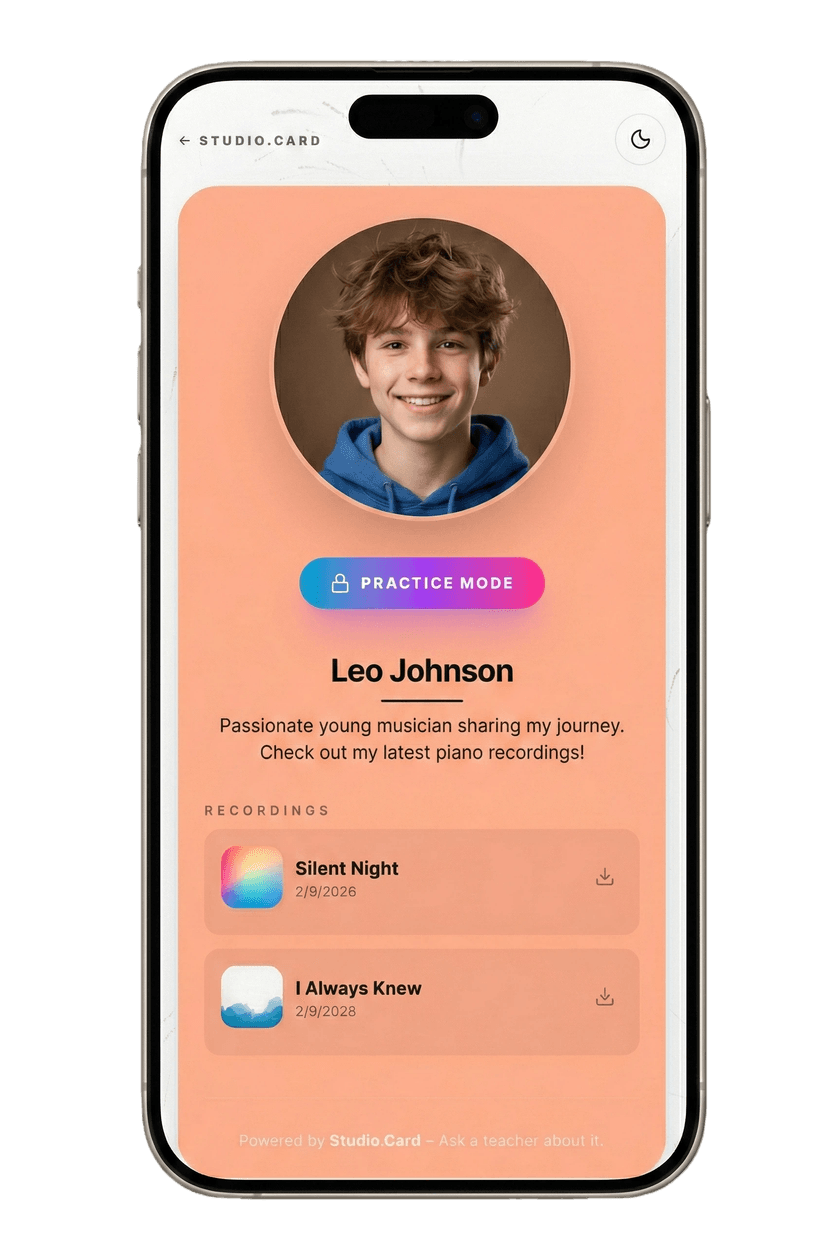 Studio.Card student profile showing recordings and teacher feedback