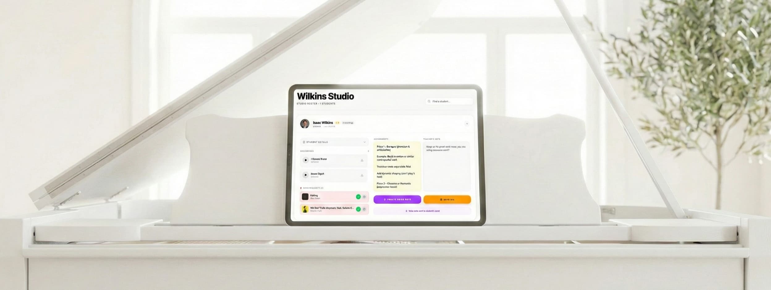 Studio.Card dashboard on iPad sitting on a piano